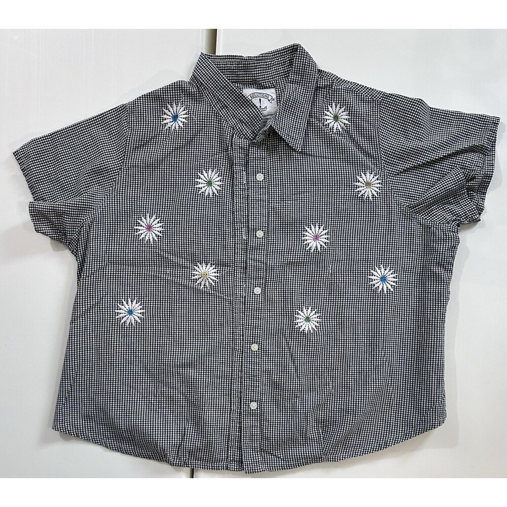 Vintage 90s Gingham Daisy Embroidered Shirt 2X Cottagecore Floral Button Up